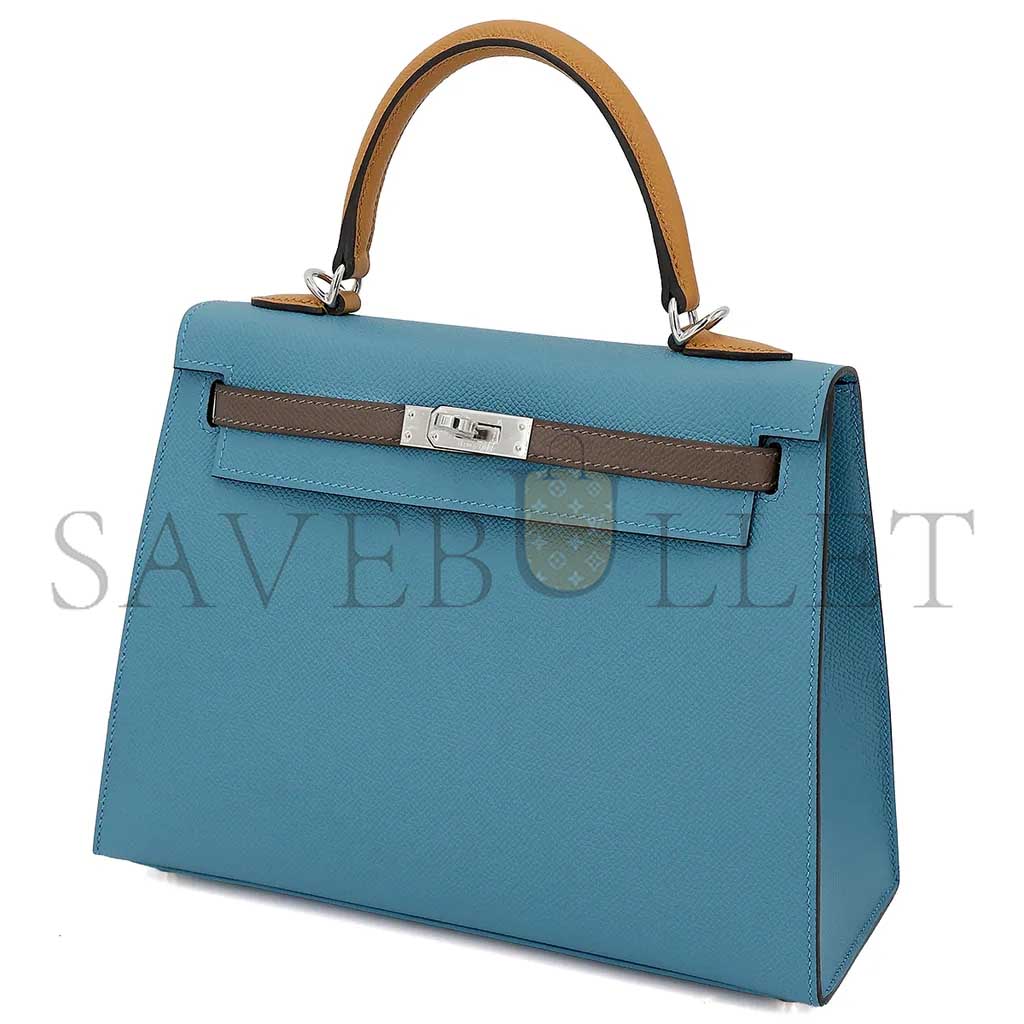 HERMÈS KELLY 25 BARK COLOR 2S SESAME DENIM BLUE EPSOM SILVER BUCKLE (25*17*7cm) 